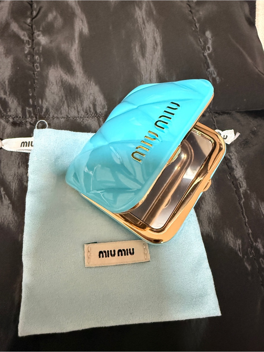 Miu Turquoise Quilted Patent Clasp Compact Mirror
